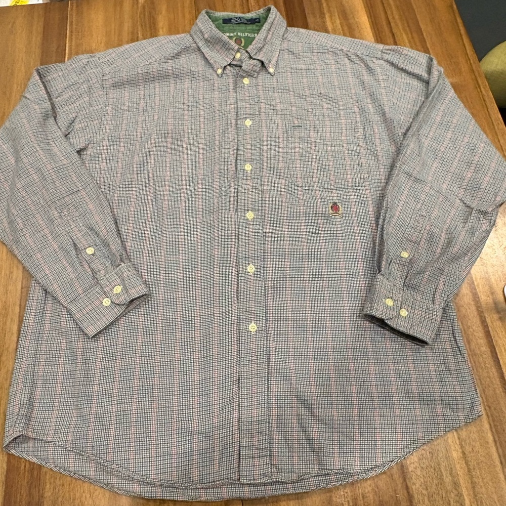 Vintage 90s Tommy Hilfiger Crest Logo Button Down Shirt Plaid Ivy Prep - Large